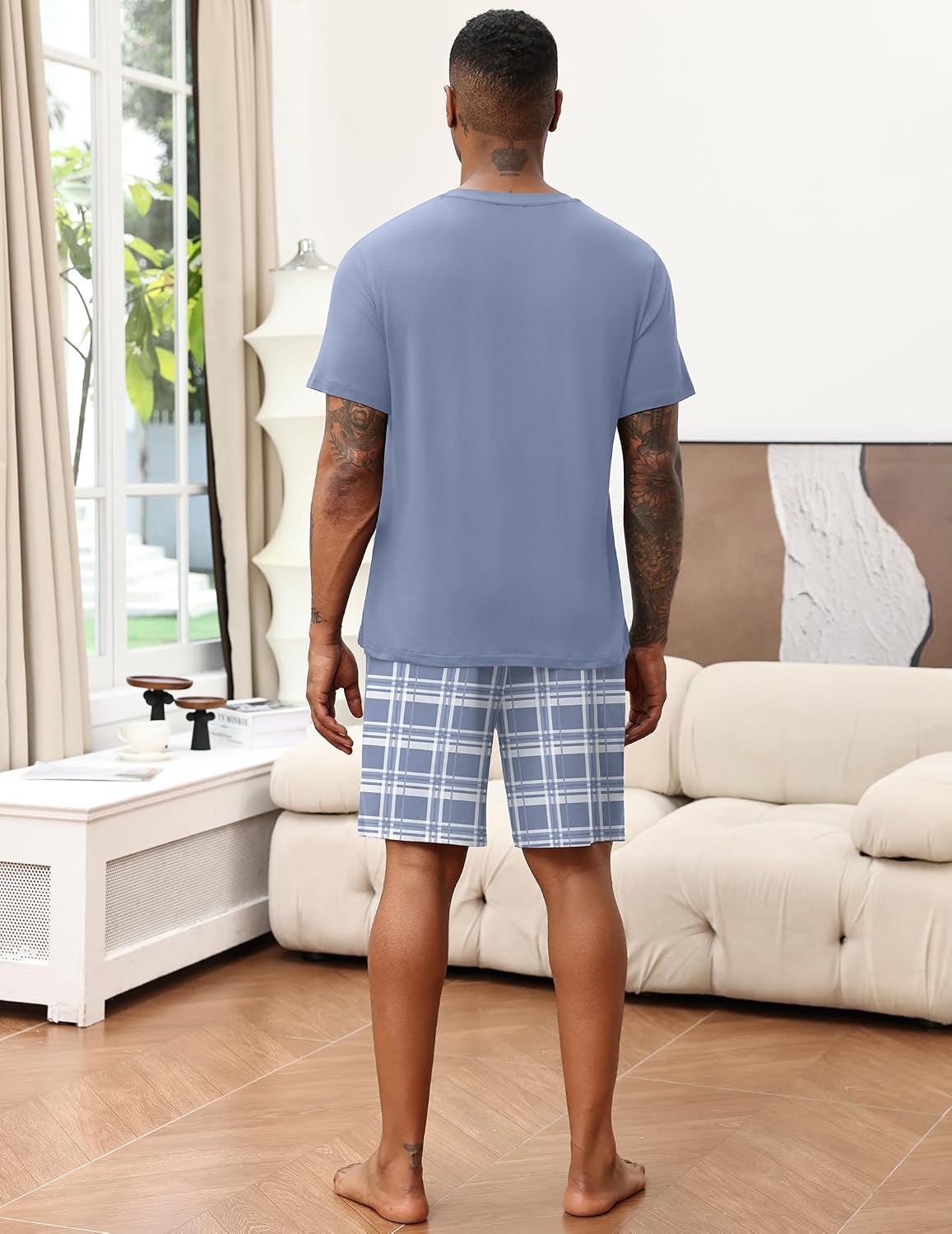 Ekouaer Mens Pajamas Set Soft Lounge Set V Neck Sleep Nightwear Short Sleeve Pjs with Pocket S-XXL