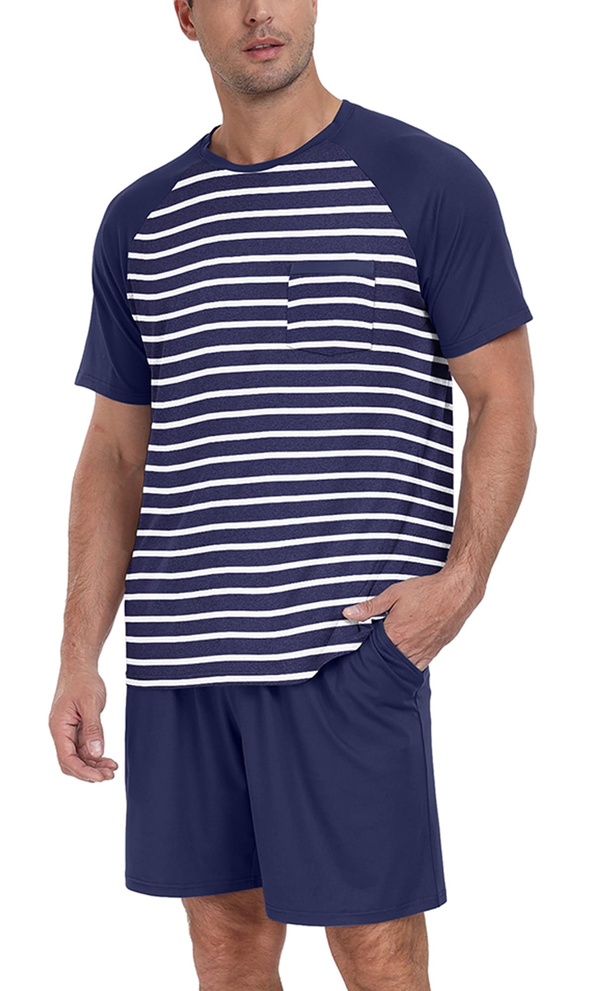 PrinStory Men‘s Pajama Set Summer Pjs Sleepwear Nightwear Lightweight Quick Dry Soft Stripe Sleep Set With Pocket S-2XL