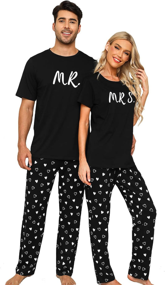 EISHOPEER Cotton Matching Pajamas for Couples Cute Printed Short Sleeve Top & Long Pants Sleepwear Pjs Sets