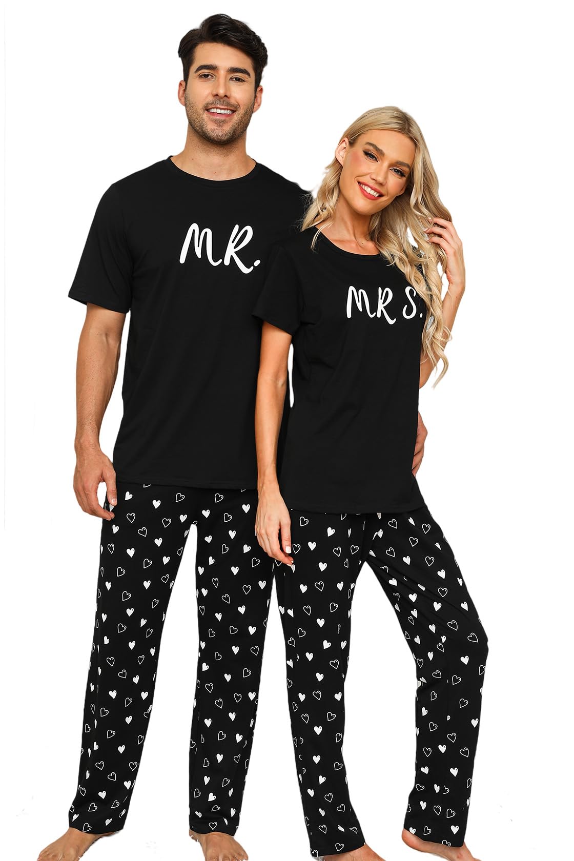 EISHOPEER Cotton Matching Pajamas for Couples Cute Printed Short Sleeve Top & Long Pants Sleepwear Pjs Sets