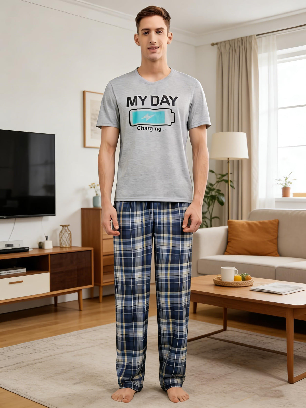 Men's Short Sleeve Pajama Set, Navy Solid T-Shirt & White Plaid Pants