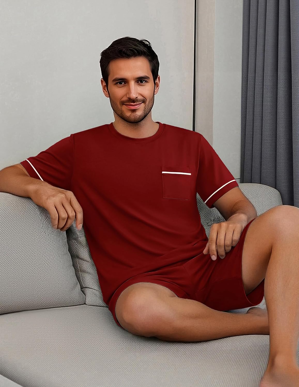 Ekouaer Men pajama set 2 Piece Short Sleeve Shirt and Shorts Lounge Sets