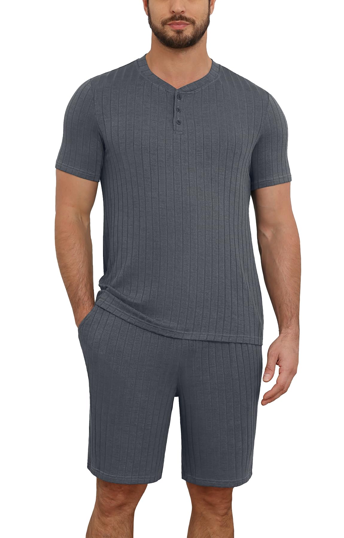 NITAGUT Men’s Summer Pajama Set Lightweight Loungewear Short Sleeve Henley Top & Sleep Shorts 2 Piece Stretch Lounge Set