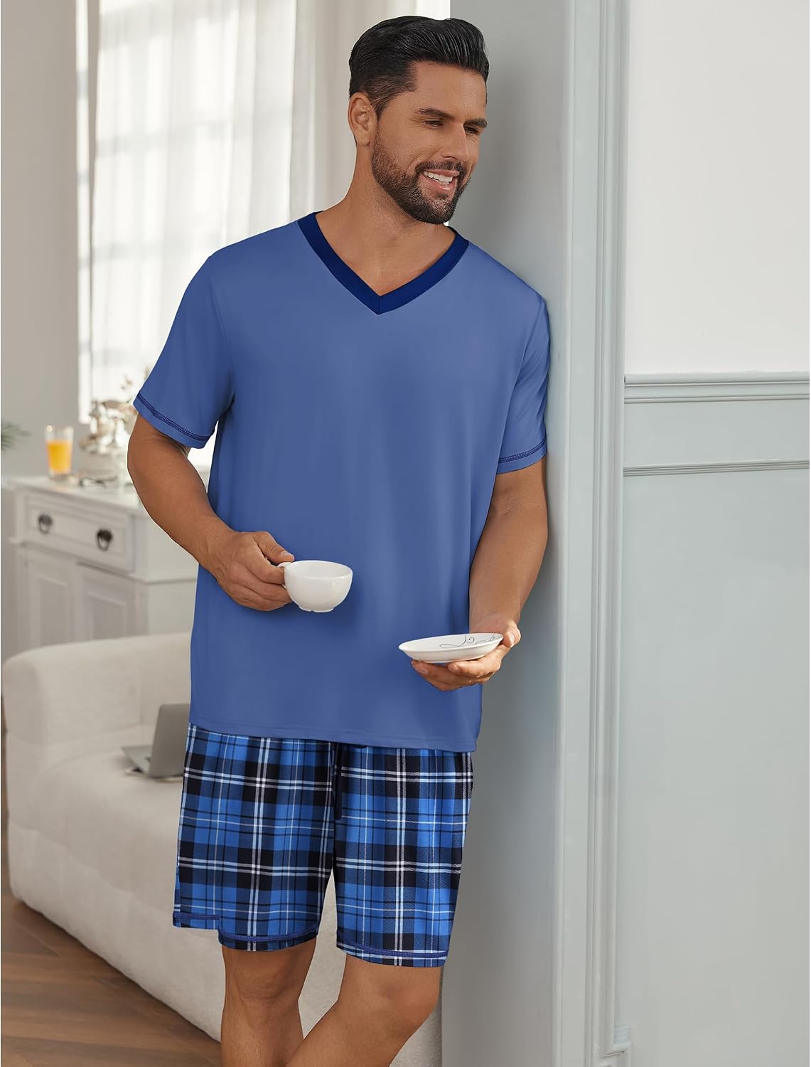 Ekouaer Men's Pajama Sets Shorts Short Sleeve Pj Sets Loungewear Lightweight Lounge Sets with Pockets