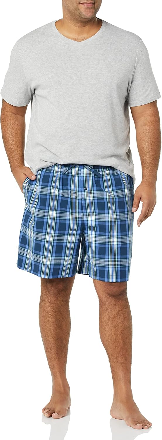 Amazon Essentials Men's Cotton Poplin Pajama Short with T-Shirt Set, Breathable Loungewear, Summer Sleepwear