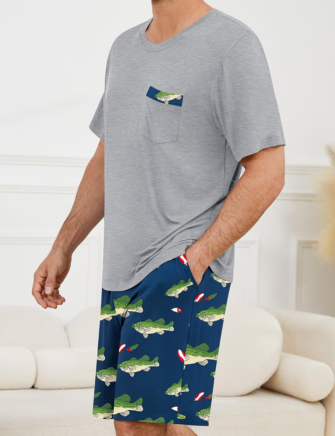 SWOMOG Mens Pajama Set Short Sleeve Pjs Set Soft Comfy Sleepwear Summer 2 Piece Loungewear Print With Pocket S-XXL