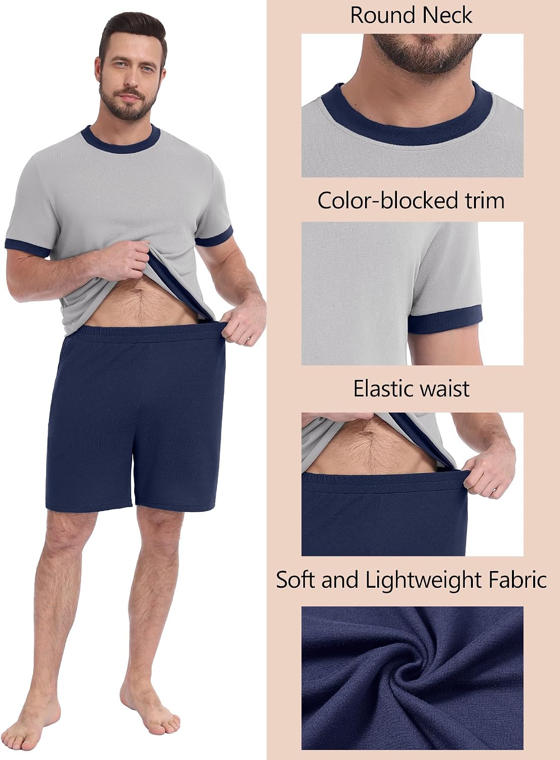 PrinStory Men's Pajamas Set Short Sleeve Sleepwear Pjs Soft Nightwear 2 Piece Loungewear with Pockets S-2XL