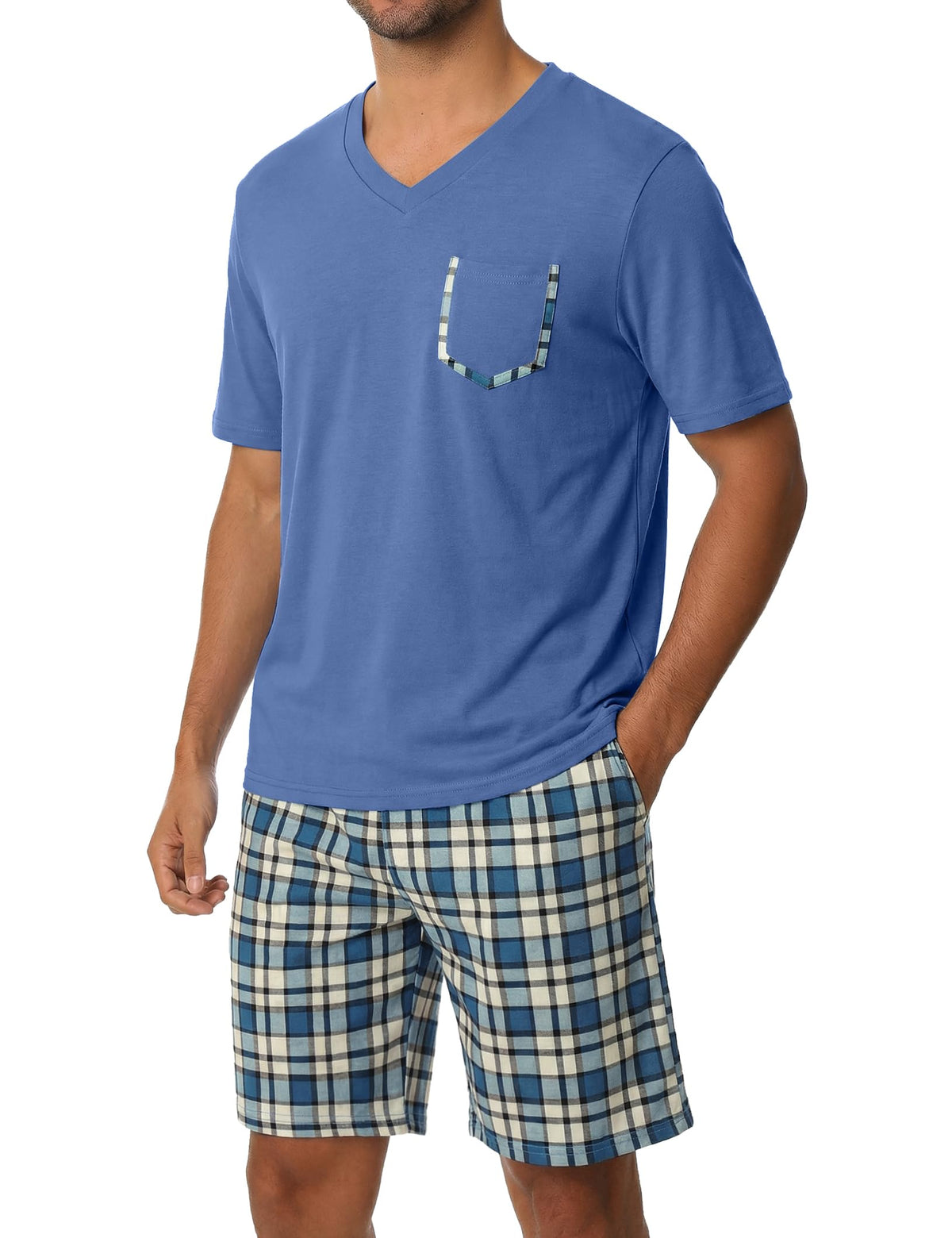 Sykooria Mens Cotton Pajamas Set 2 Piece Soft Sleepwear Short Sleeve Top & Plaid Shorts With Pockets
