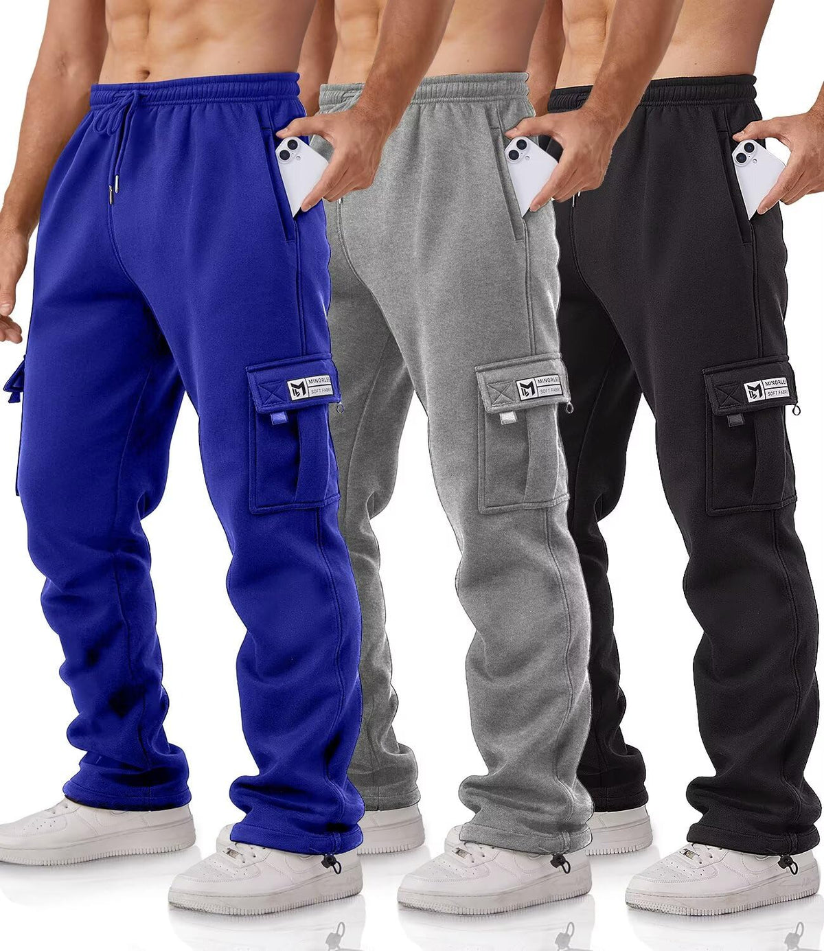 Cargo Pants for Men 3 Pack Relaxed Fit Mens Joggers with Pockets,Fleece Hiking Tactical Workout Pants Casual