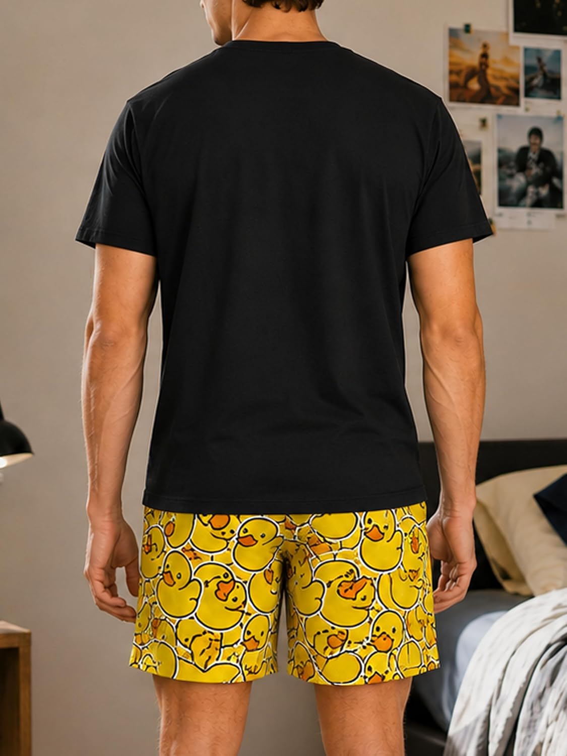 Men Pajama Set Funny Duck Print T-Shirt and Shorts Sleepwear Casual Lounge Set