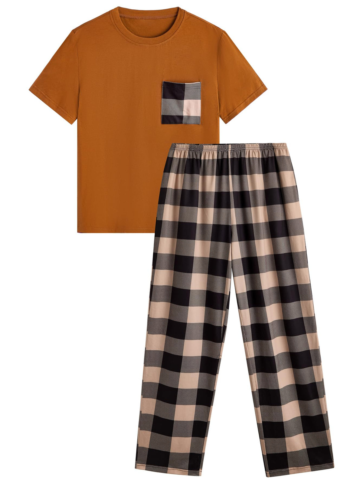 Verdusa Men's 2 Piece Loungewear Pajama Set Plaid Print Short Sleeve Tee Top and Pants Set