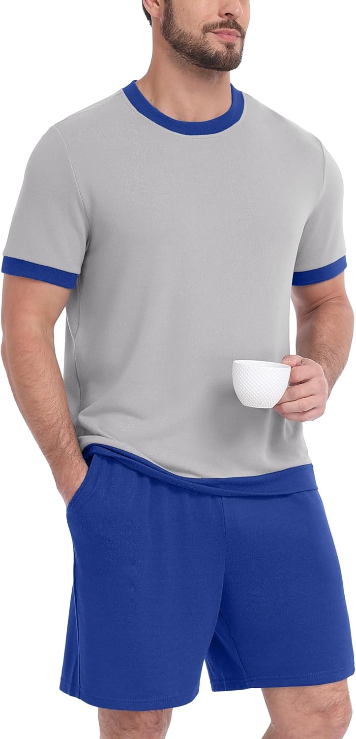 PrinStory Men's Pajamas Set Short Sleeve Sleepwear Pjs Soft Nightwear 2 Piece Loungewear with Pockets S-2XL