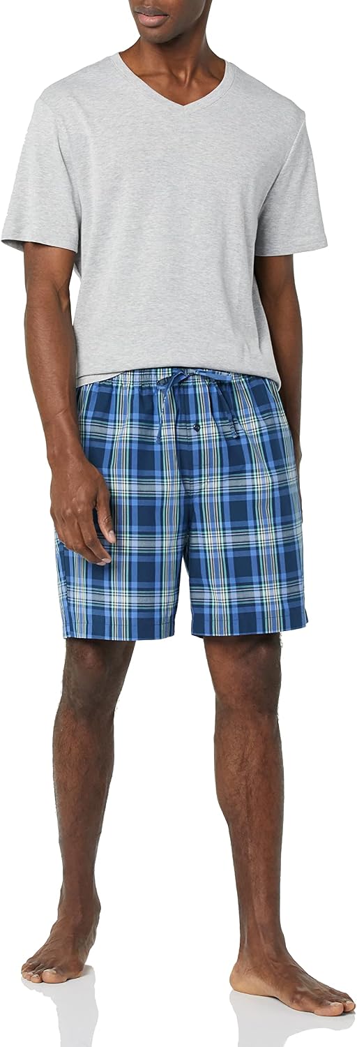 Amazon Essentials Men's Cotton Poplin Pajama Short with T-Shirt Set, Breathable Loungewear, Summer Sleepwear