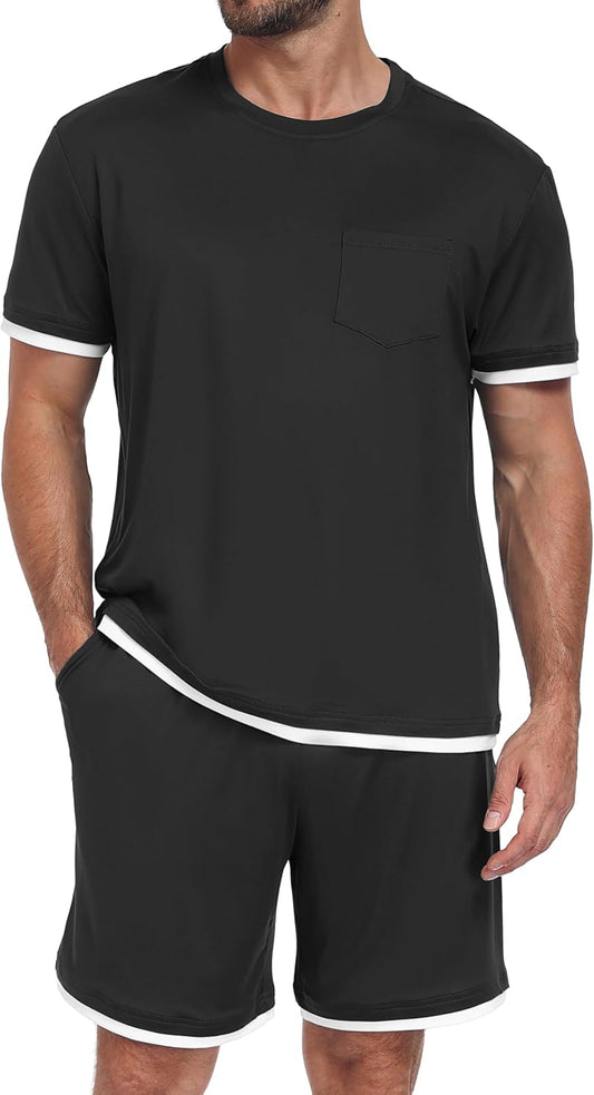 PrinStory Mens Pajamas Set Summer Short Sleeve Pjs Set S-3XL