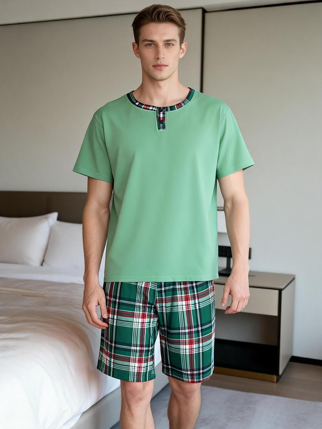 Men's Short Sleeve Pajama Set with Henley Neckline Soft Lounge Sleepwear Casual T-Shirt and Shorts Homewear for Summer