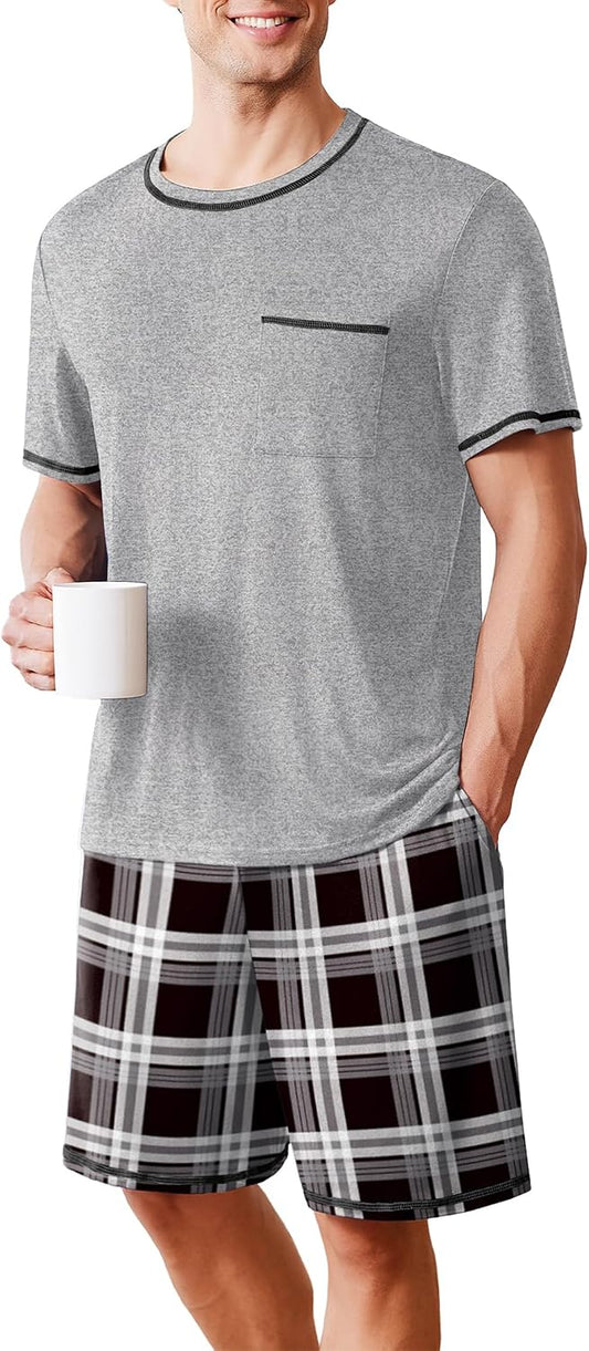 Ekouaer Men's Pajamas Set Casual Short Sleeve Shirts and Shorts Soft 2 Piece Loungewear With Pockets