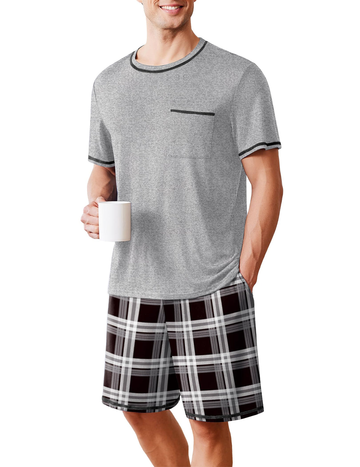 Ekouaer Men's Pajamas Set Casual Short Sleeve Shirts and Shorts Soft 2 Piece Loungewear With Pockets