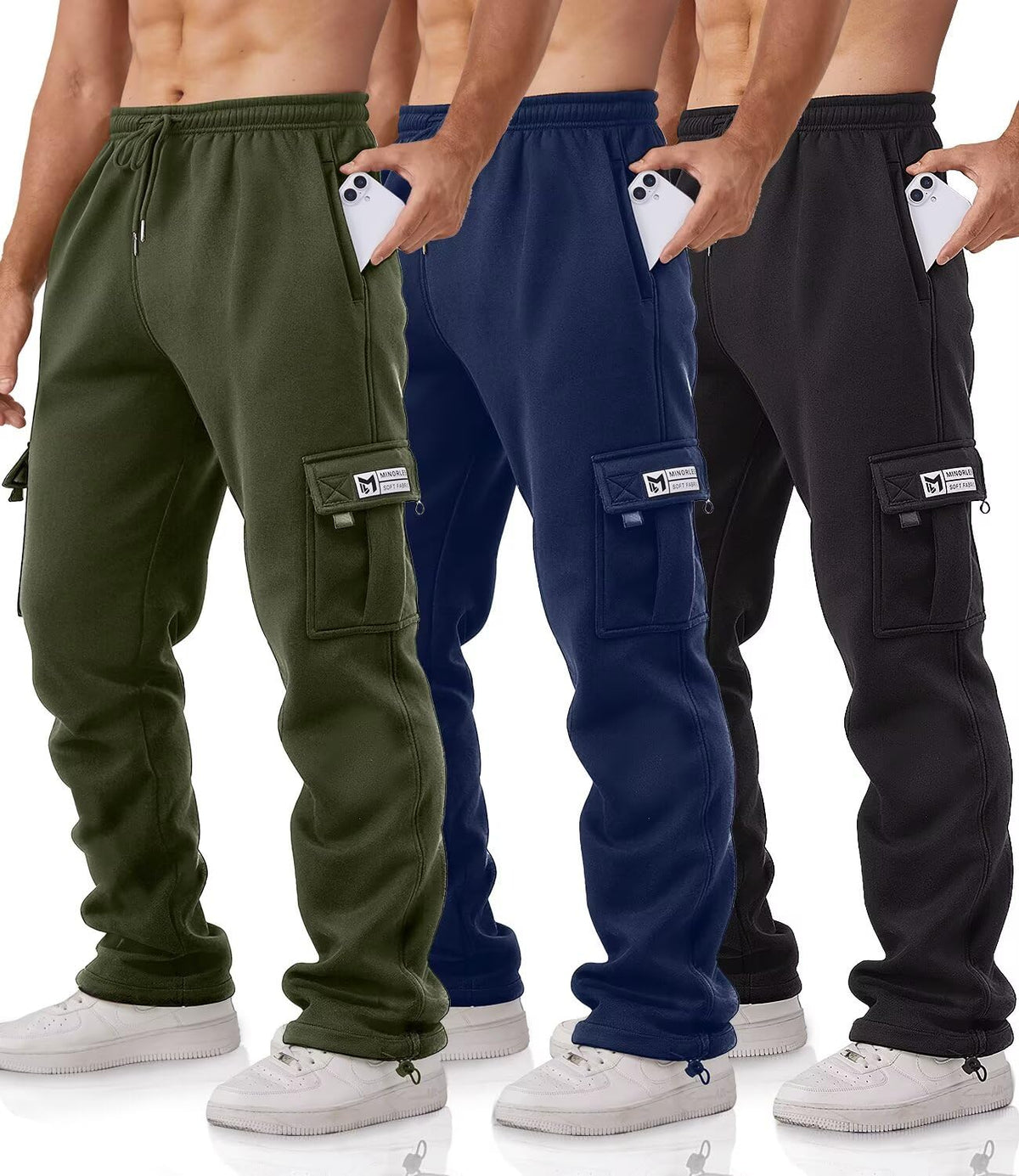 Cargo Pants for Men 3 Pack Relaxed Fit Mens Joggers with Pockets,Fleece Hiking Tactical Workout Pants Casual