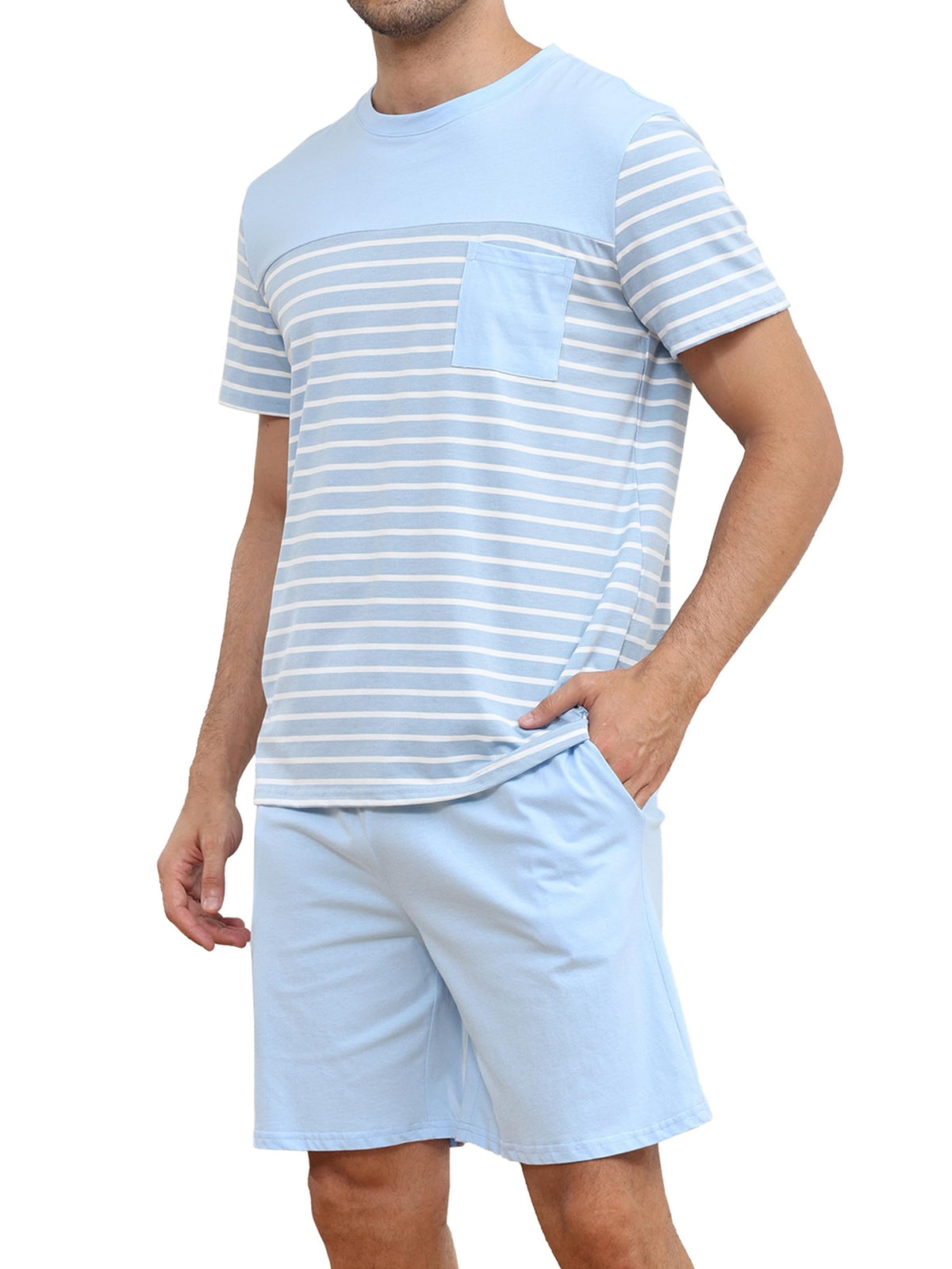 Men's Pajama Set Cotton Pajamas Striped Short Sleeve & Shorts Pjs Sets Sleepwear Summer Lounge Set with Pockets