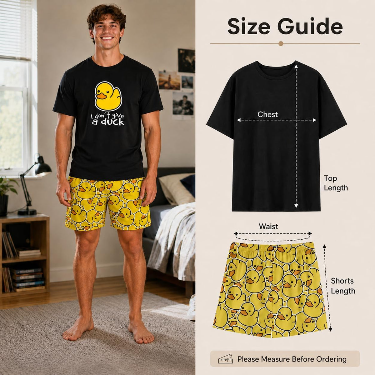 Men Pajama Set Funny Duck Print T-Shirt and Shorts Sleepwear Casual Lounge Set
