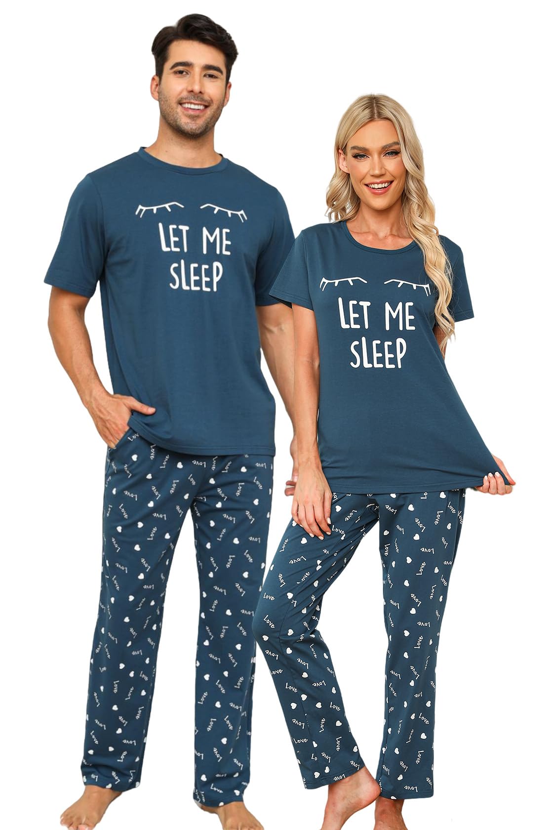 EISHOPEER Cotton Matching Pajamas for Couples Cute Printed Short Sleeve Top & Long Pants Sleepwear Pjs Sets