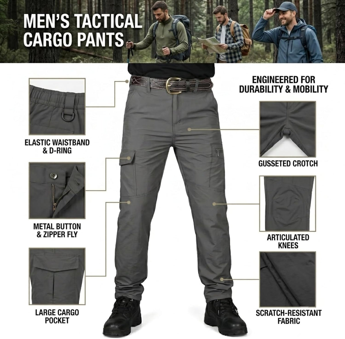 Men's Tactical Cargo Pants Straight Leg Ripstop Hiking Climbing Sweatpants Waterproof Mens Outdoor Work Multic-Pocket