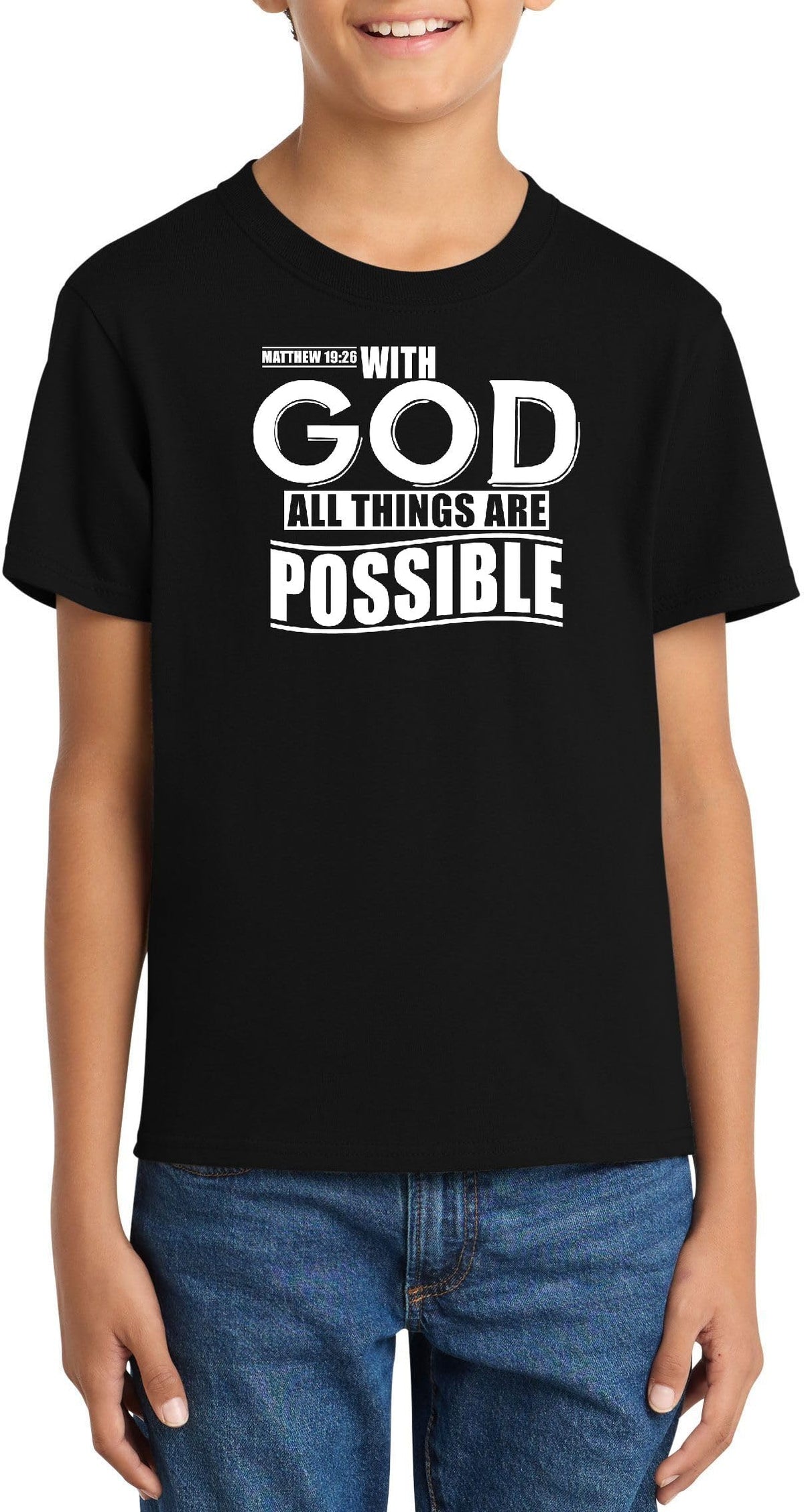 with God All Things are Possible Matthew 19:26 Top Inspirational Bible Verse Graphic Cotton Tee Adult Youth Tall Men Women