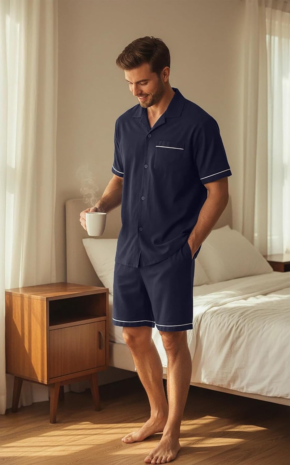 PrinStory Men's Pajamas Set Short Sleeve Sleepwear Pjs Lightweight Two-Pieces Pajama Comfy Loungewear with Pockets S-2XL