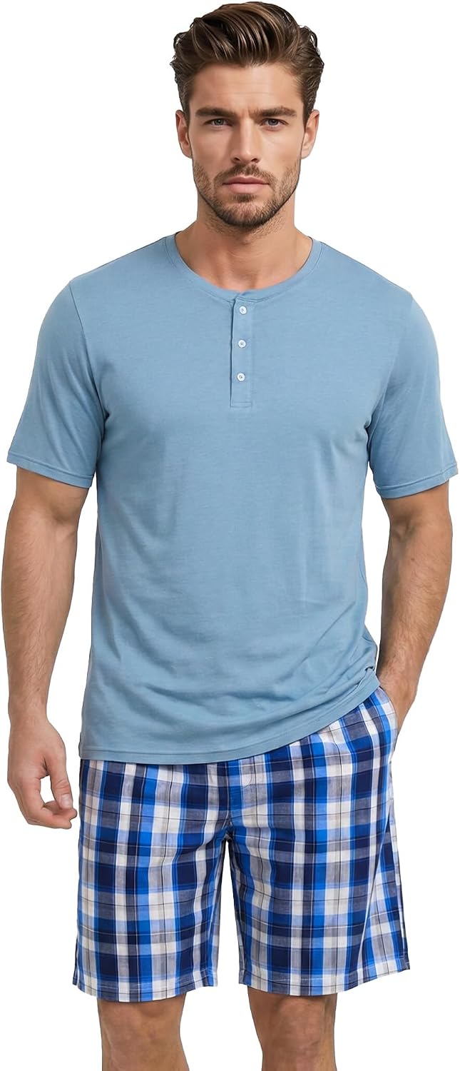 Vulcanodon Mens Pajama Set 100% Cotton Short Sleeve Sleepwear Soft Breathable Lounge Set Button Top with Pockets Cozy Pjs