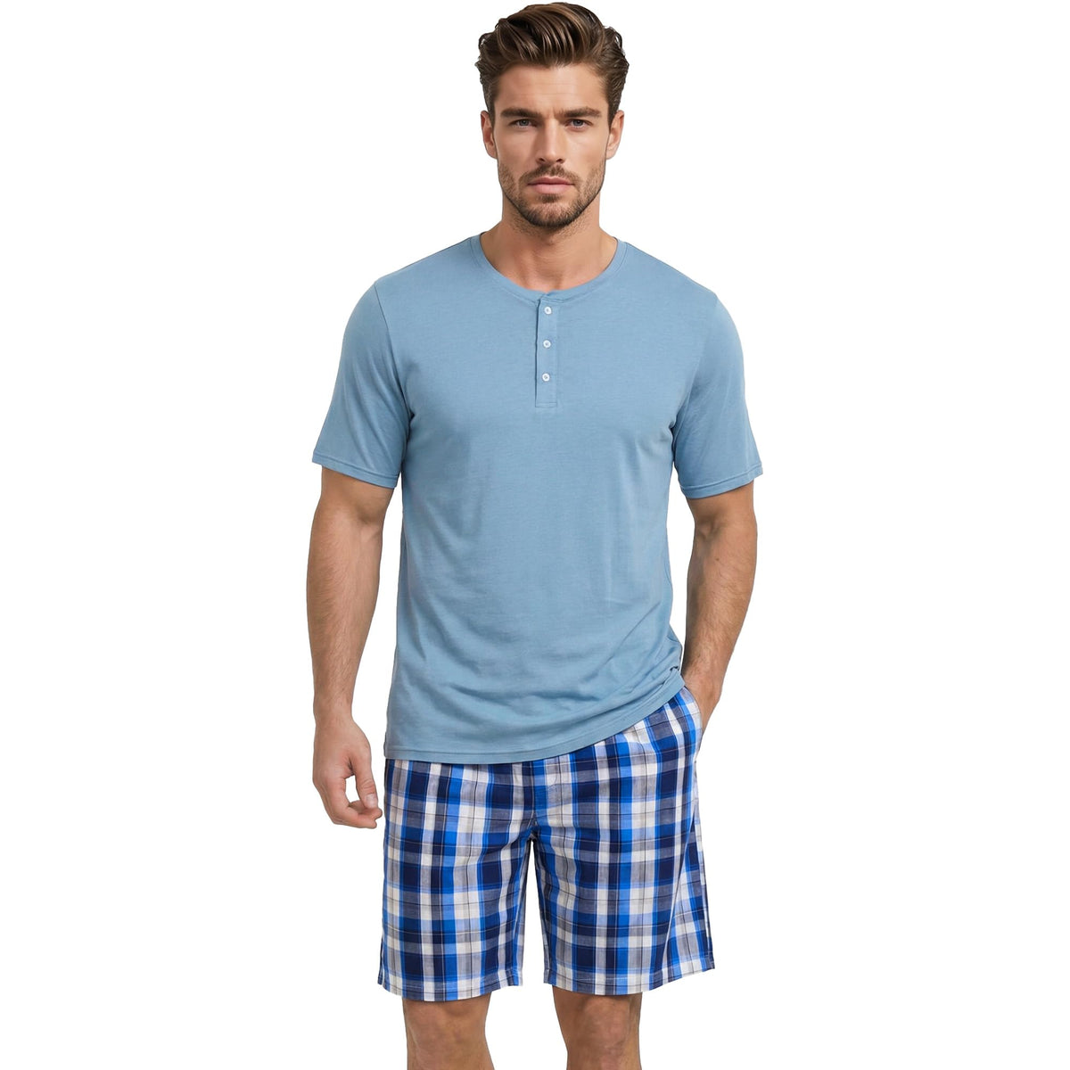 Vulcanodon Mens Pajama Set 100% Cotton Short Sleeve Sleepwear Soft Breathable Lounge Set Button Top with Pockets Cozy Pjs