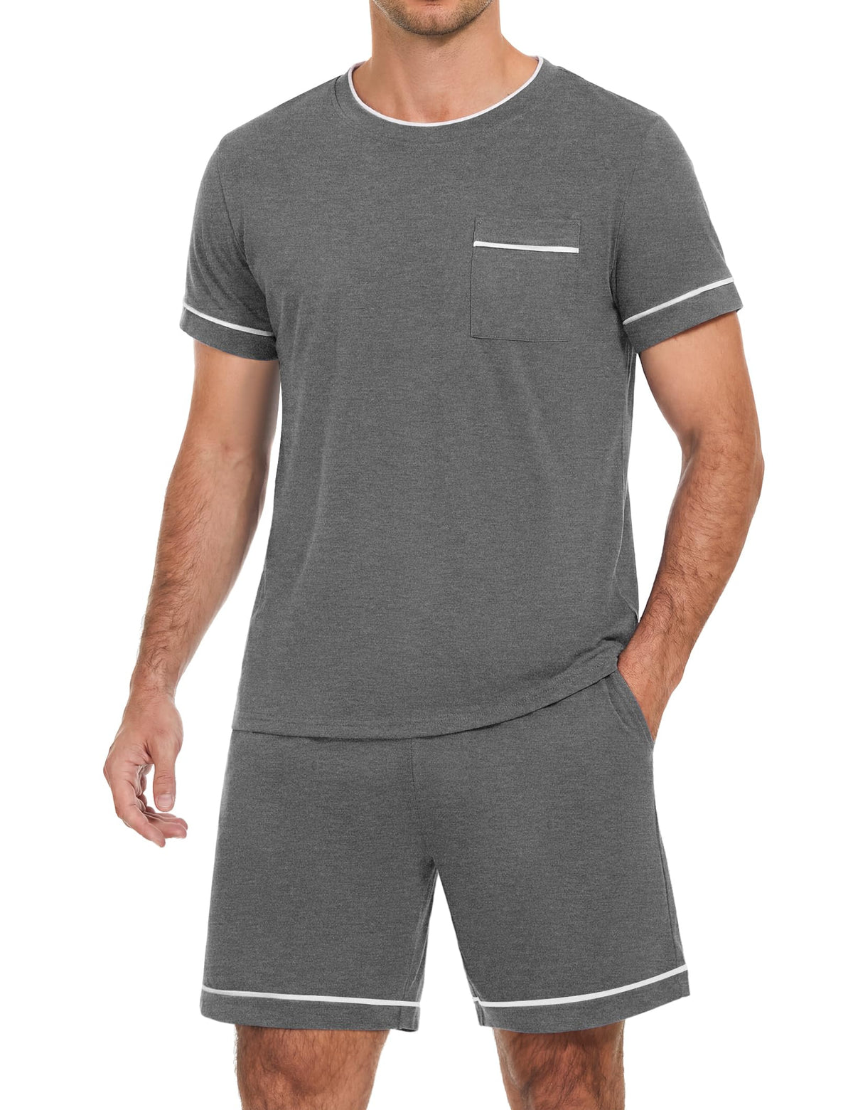Sykooria Mens Pajamas Set Cotton Pajamas Shorts Set Short Sleeve Pjs Sets Soft Sleepwear S-XXL