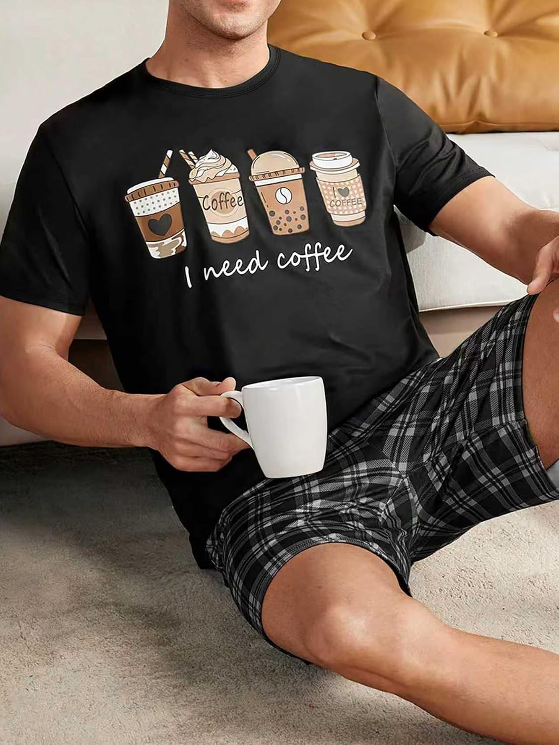 Mens Pajamas Set Lightweight Summer Pjs Sleepwear Soft Comfy Short Sleeve Crew Neck Loungewear 2 Piece