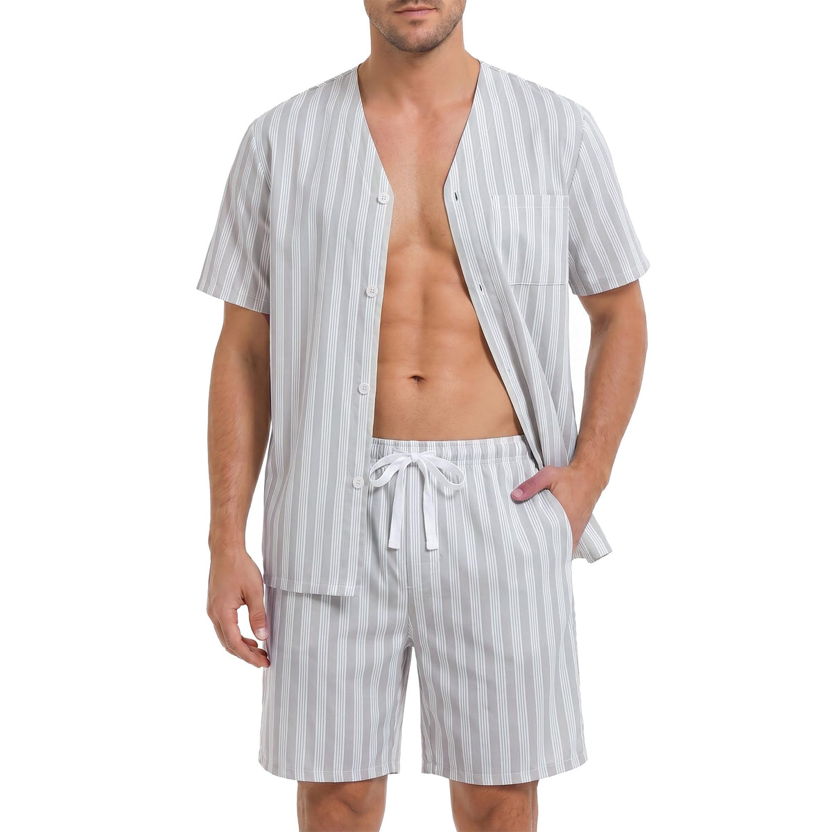 Vulcanodon Mens Striped Pajama Set, Lightweight Short Sleeve Summer Pjs