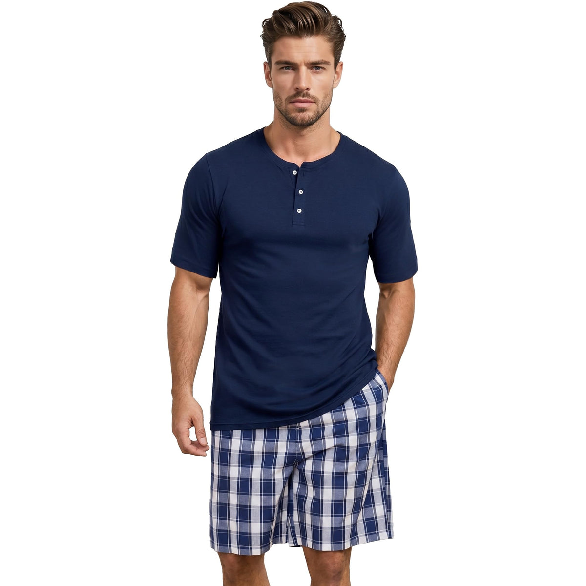 Vulcanodon Mens Pajama Set 100% Cotton Short Sleeve Sleepwear Soft Breathable Lounge Set Button Top with Pockets Cozy Pjs