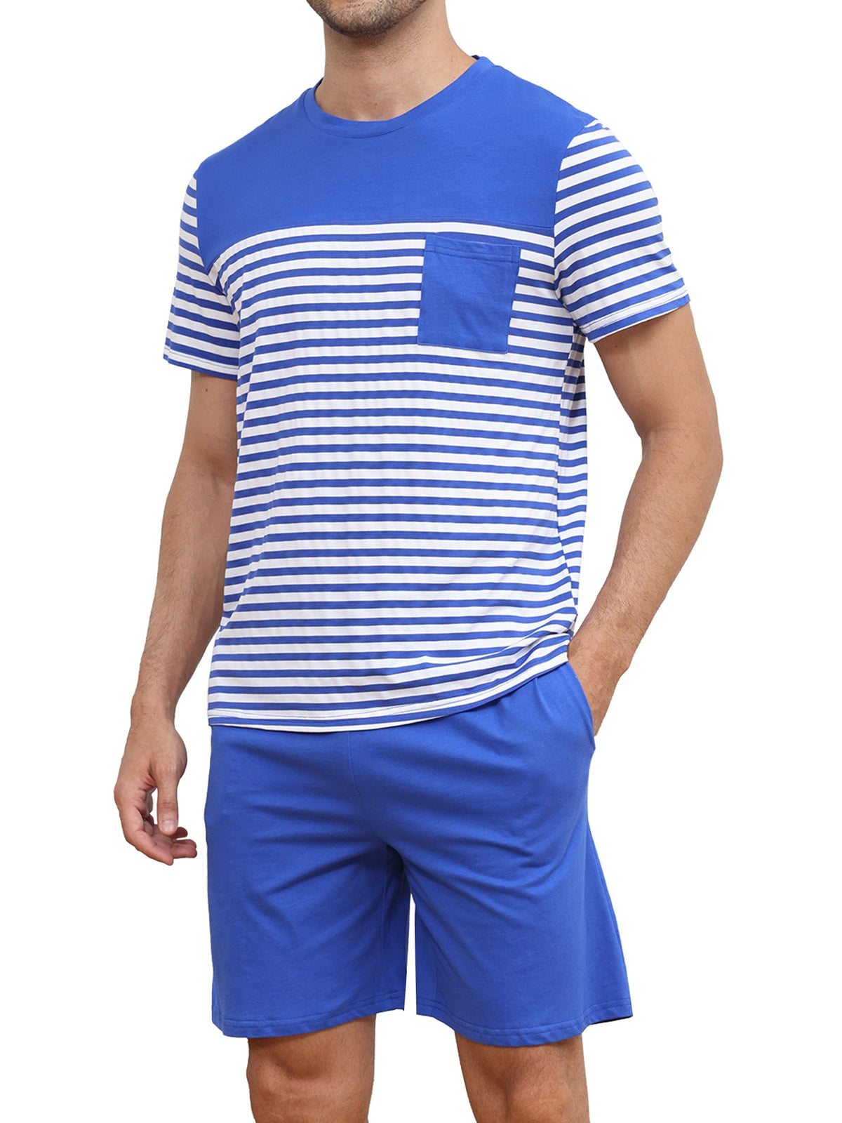 Men's Pajama Set Cotton Pajamas Striped Short Sleeve & Shorts Pjs Sets Sleepwear Summer Lounge Set with Pockets