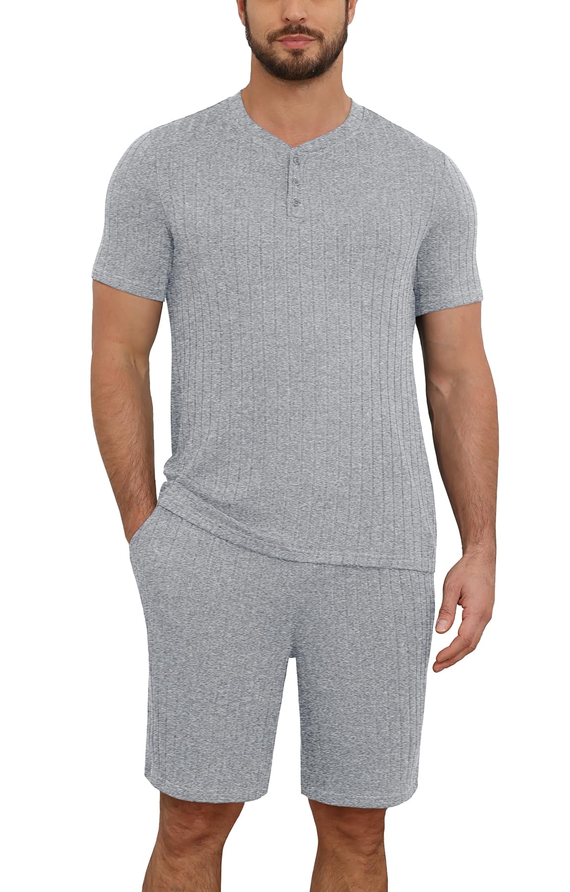 NITAGUT Men’s Summer Pajama Set Lightweight Loungewear Short Sleeve Henley Top & Sleep Shorts 2 Piece Stretch Lounge Set