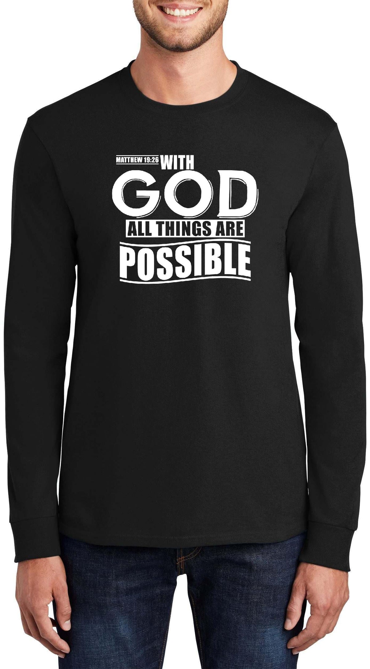 with God All Things are Possible Matthew 19:26 Top Inspirational Bible Verse Graphic Cotton Tee Adult Youth Tall Men Women