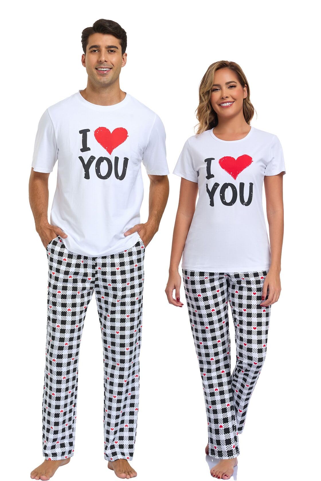EISHOPEER Cotton Matching Pajamas for Couples Cute Printed Short Sleeve Top & Long Pants Sleepwear Pjs Sets
