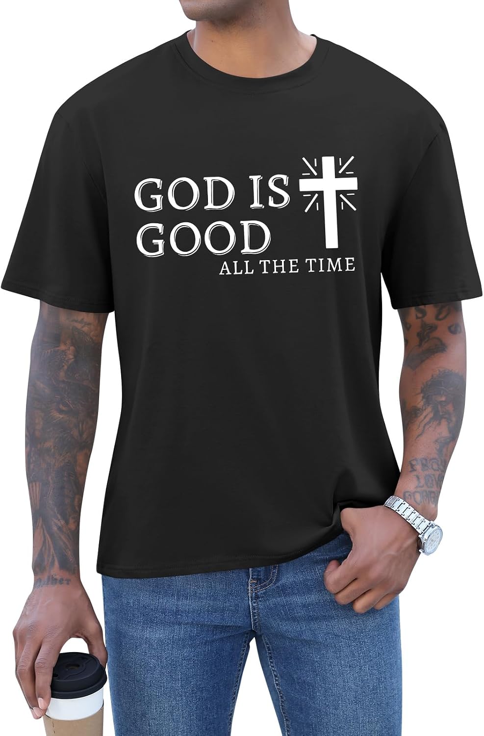Mens Christian Shirts Shorts Sleeve Crewneck Jesus Cross Printed T Shirts Loose Graphic Tee
