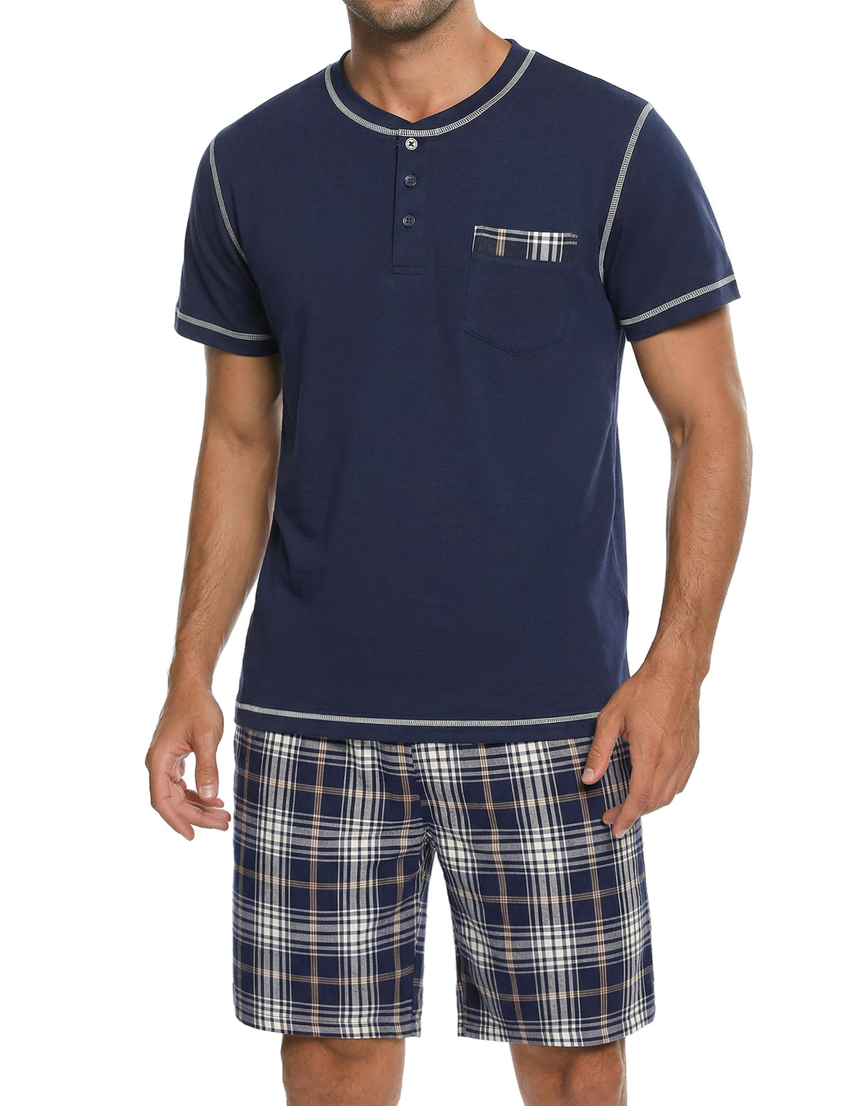 Sykooria Men's Pajama Sets Cotton Loungewear Pjs Shorts Sets 2 Piece Short Sleeve Sleepwear With Pockets S-3XL