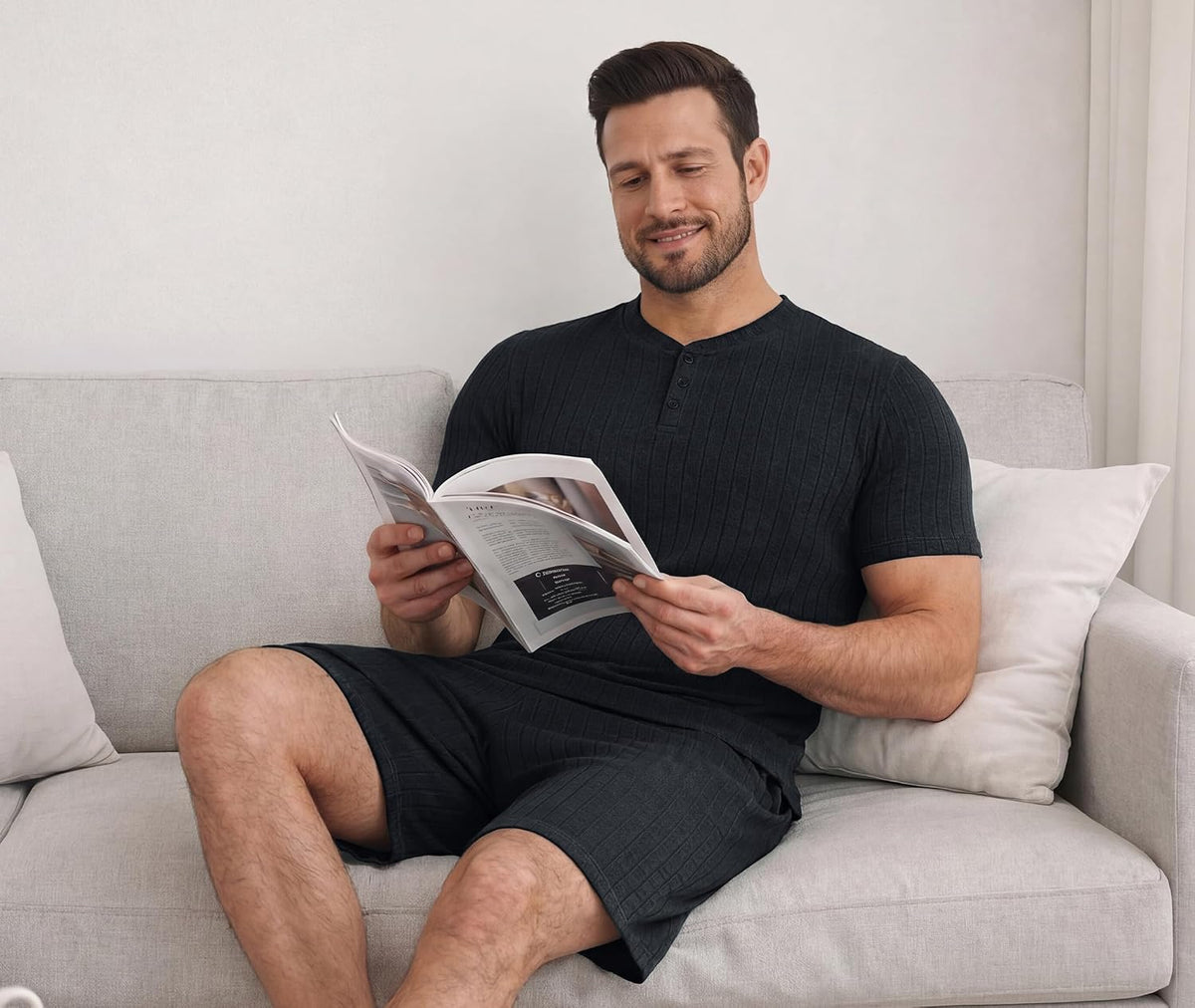 NITAGUT Men’s Summer Pajama Set Lightweight Loungewear Short Sleeve Henley Top & Sleep Shorts 2 Piece Stretch Lounge Set