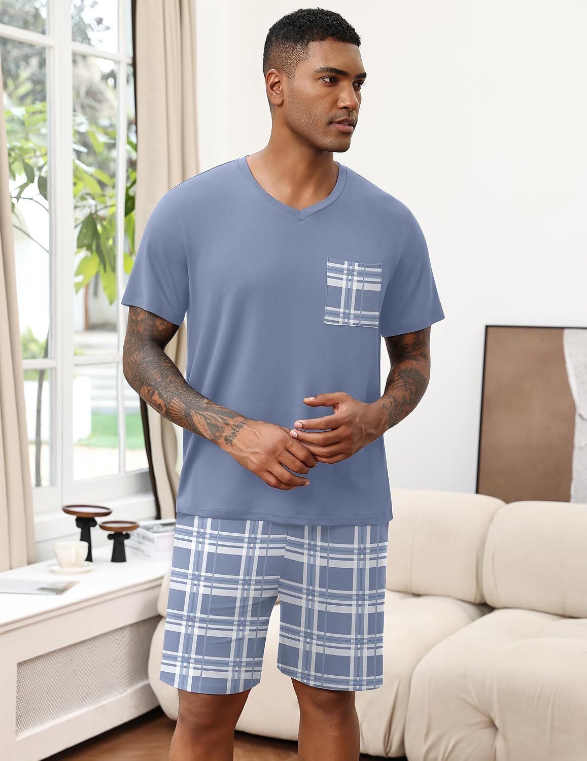 Ekouaer Mens Pajamas Set Soft Lounge Set V Neck Sleep Nightwear Short Sleeve Pjs with Pocket S-XXL