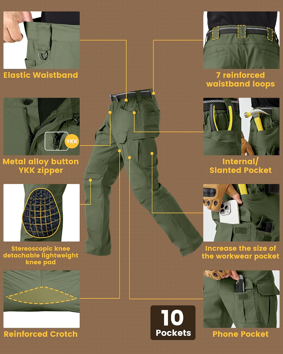 Men's Stretch Tactical Work Pants with Removable Knee Pads, Water-Resistant Ripstop Cargo Pants for Outdoor & Hiking