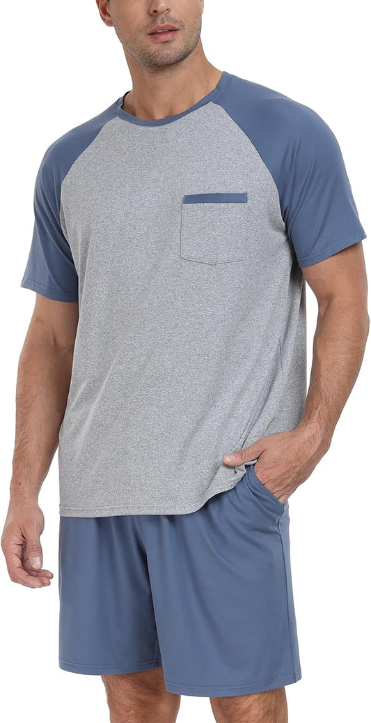 PrinStory Men‘s Pajama Set Summer Pjs Sleepwear Nightwear Lightweight Quick Dry Soft Stripe Sleep Set With Pocket S-2XL
