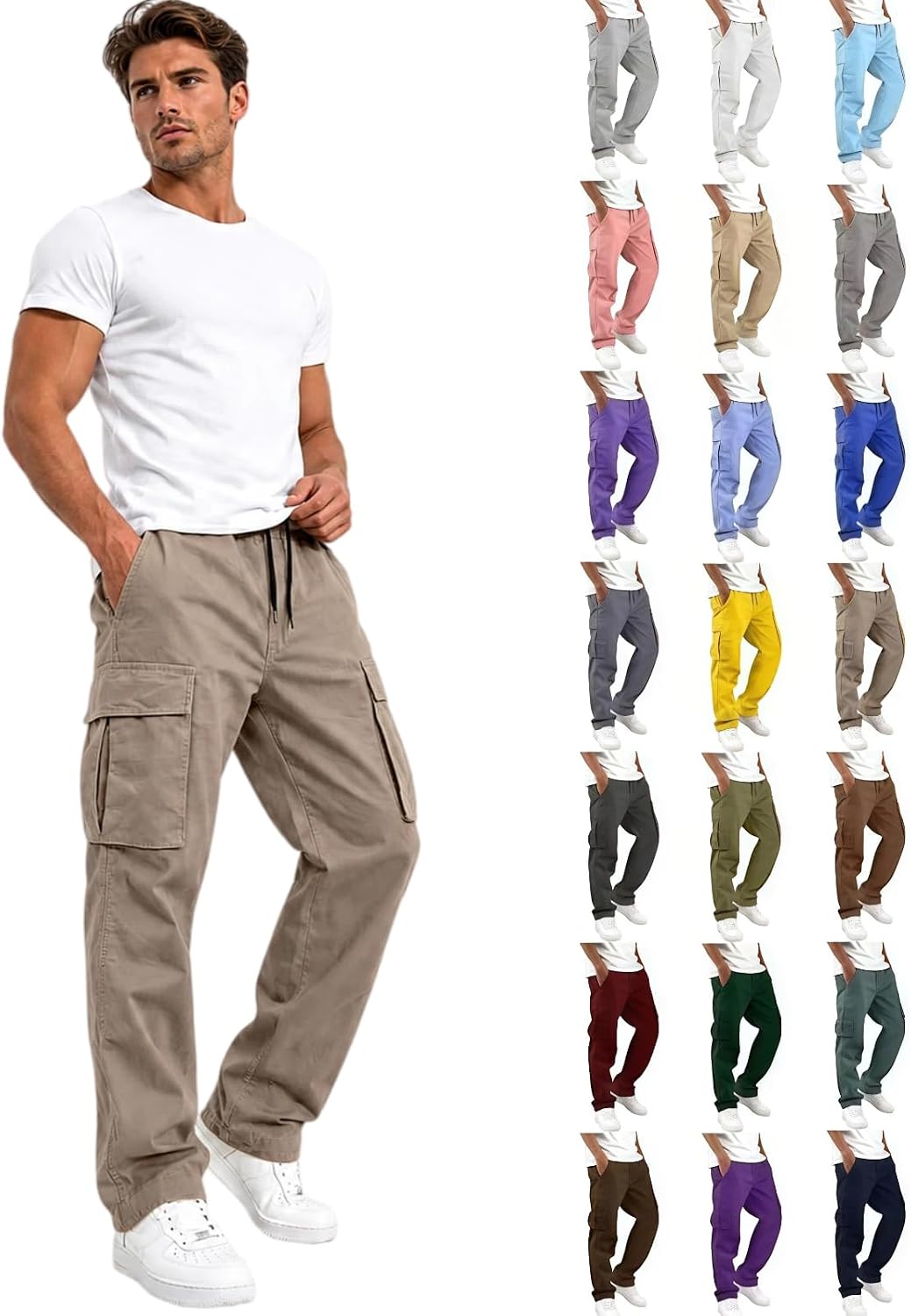Mens Cargo Pants Relaxed Fit Elastic Waist Drawstring Straight Leg Hiking Workout Outdoor Joggers with Pockets