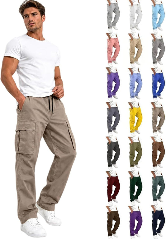 Mens Cargo Pants Relaxed Fit Elastic Waist Drawstring Straight Leg Hiking Workout Outdoor Joggers with Pockets