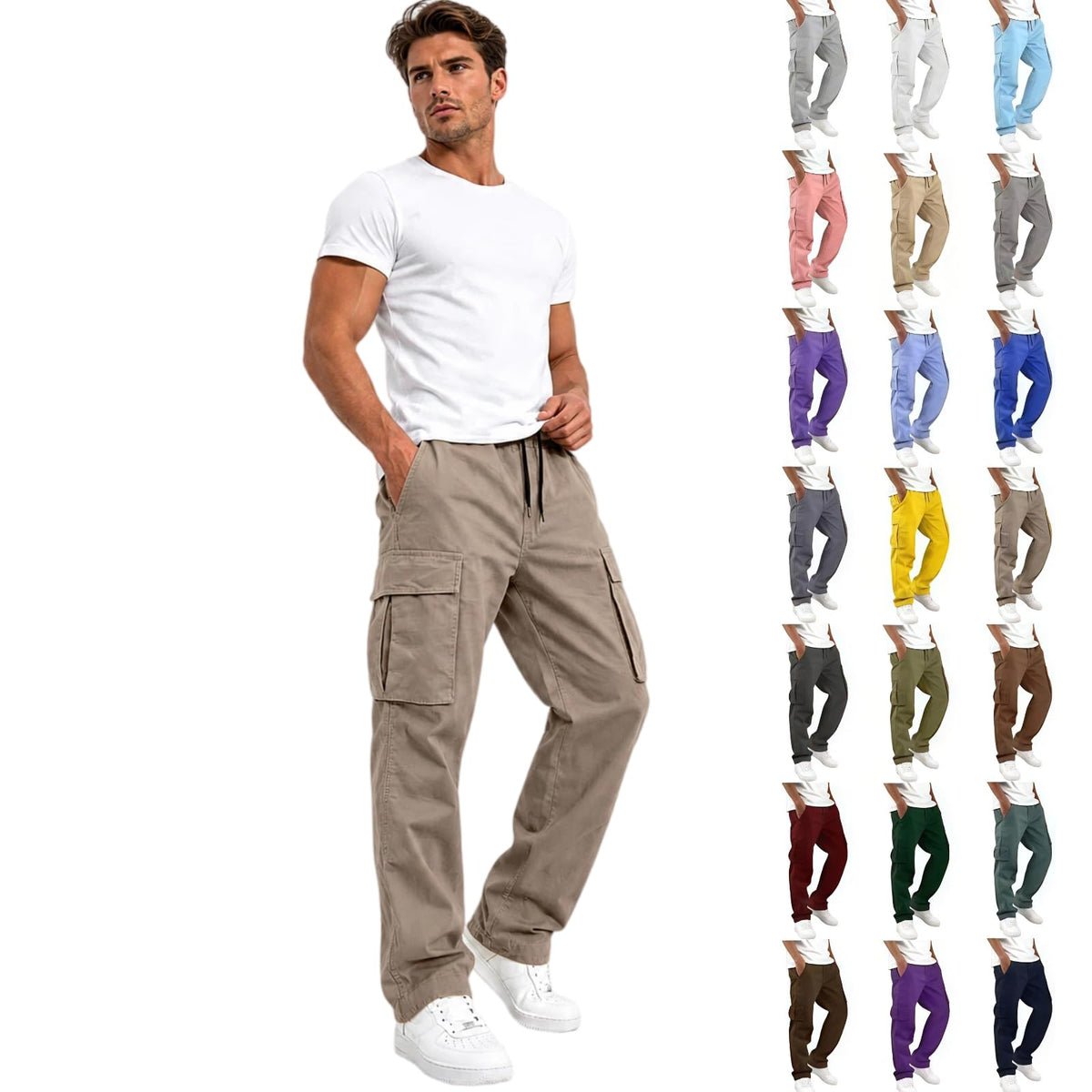 Mens Cargo Pants Relaxed Fit Elastic Waist Drawstring Straight Leg Hiking Workout Outdoor Joggers with Pockets
