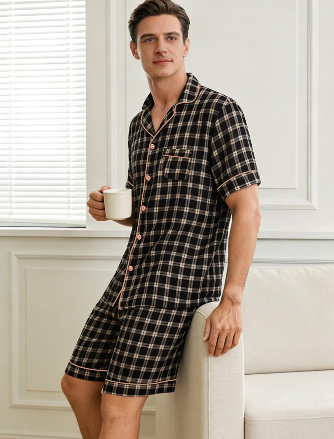 SWOMOG Men Pajama Set Short Sleeve Summer Pjs Button Down Sleepwear Soft Pajama Shorts 2 Piece Loungewear with Pockets