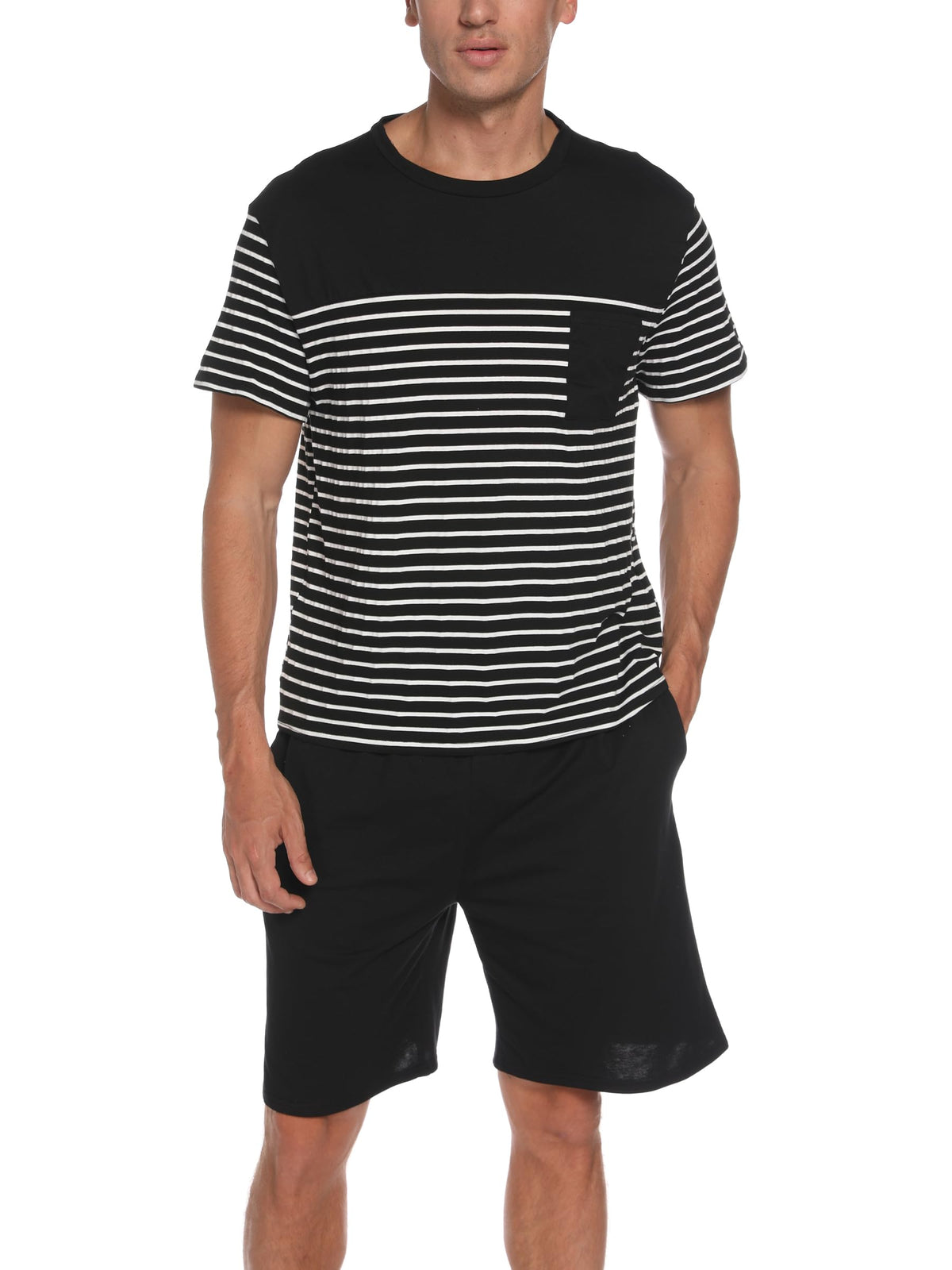 Men's Pajama Set Cotton Pajamas Striped Short Sleeve & Shorts Pjs Sets Sleepwear Summer Lounge Set with Pockets