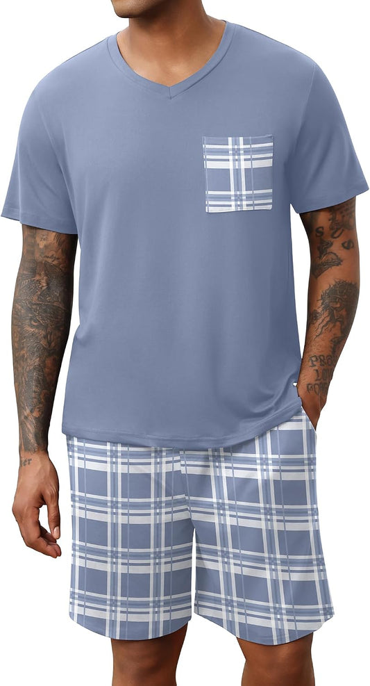 Ekouaer Mens Pajamas Set Soft Lounge Set V Neck Sleep Nightwear Short Sleeve Pjs with Pocket S-XXL
